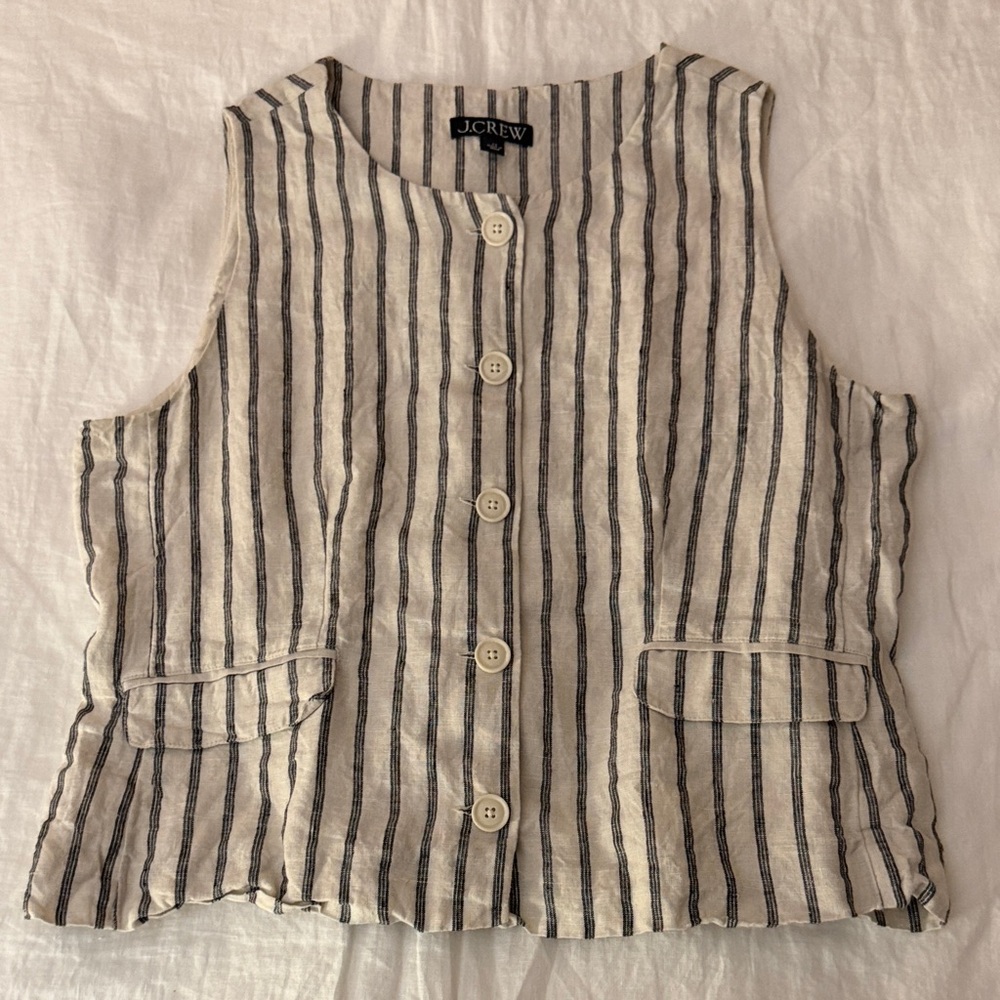 J. Crew Linen Striped Button Down Vest - Black and Cream